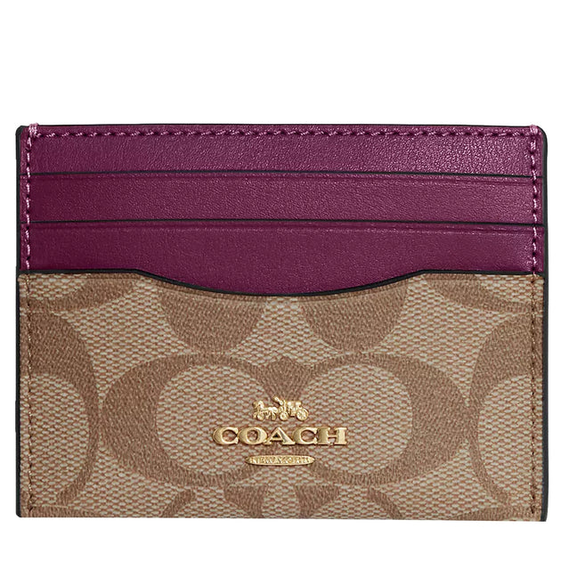 Buy Coach Slim Id Card Case In Signature Canvas In Khaki  Deep Berry 