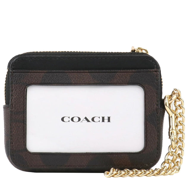 Coach Zip Card Case In Blocked Signature Canvas Gold/Khaki Brown Multi C1885