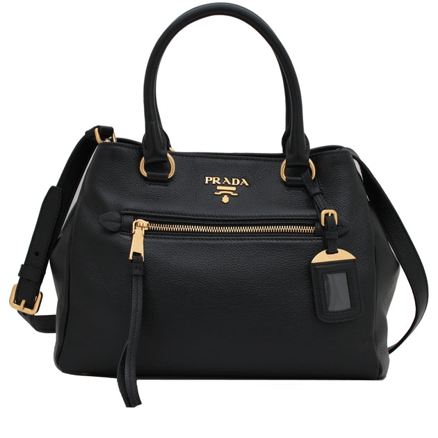 Prada 1BG044 Vitello Phenix Leather Convertible Bag- Black