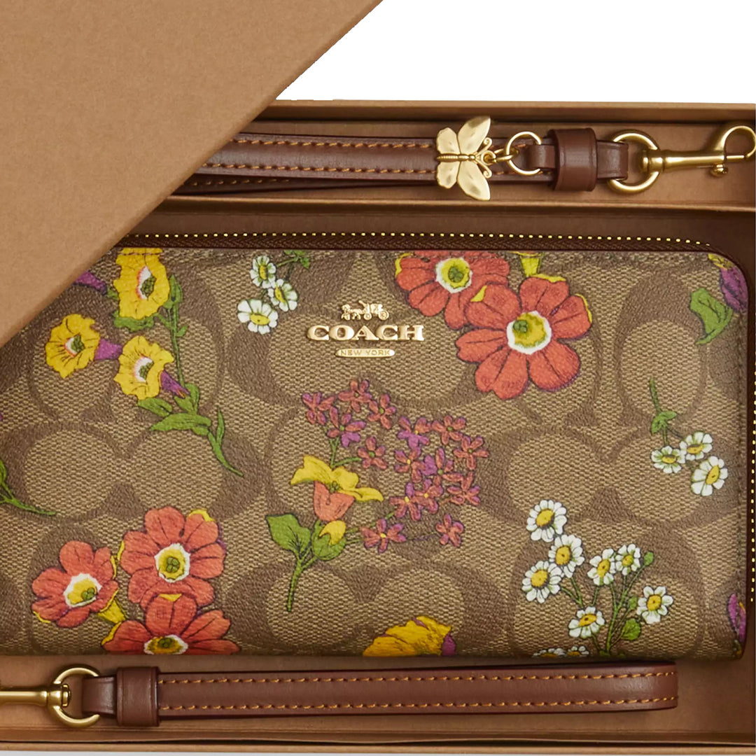 Coach Gold/Khaki Multi Tech In Signature Canvas with Bee popular Print Wallet