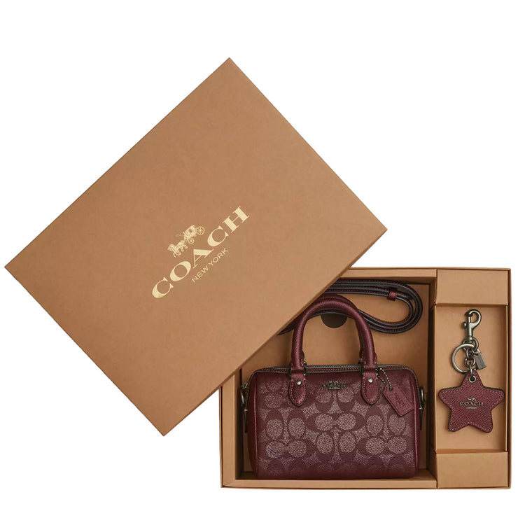 Coach Boxed Mini Rowan Crossbody Bag And Mirror Bag Charm Set In Signature Canvas in Wine Multi CX186