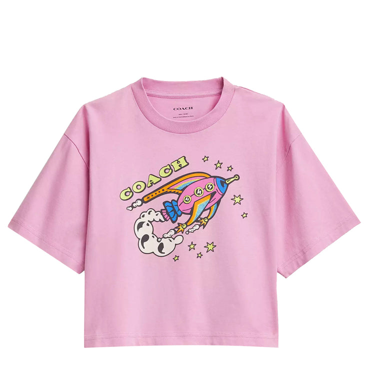 Buy Coach Cosmic Coach Rocket Print Cropped T Shirt In Organic Cotton in Hot Pink CX185 Online in Singapore | PinkOrchard.com