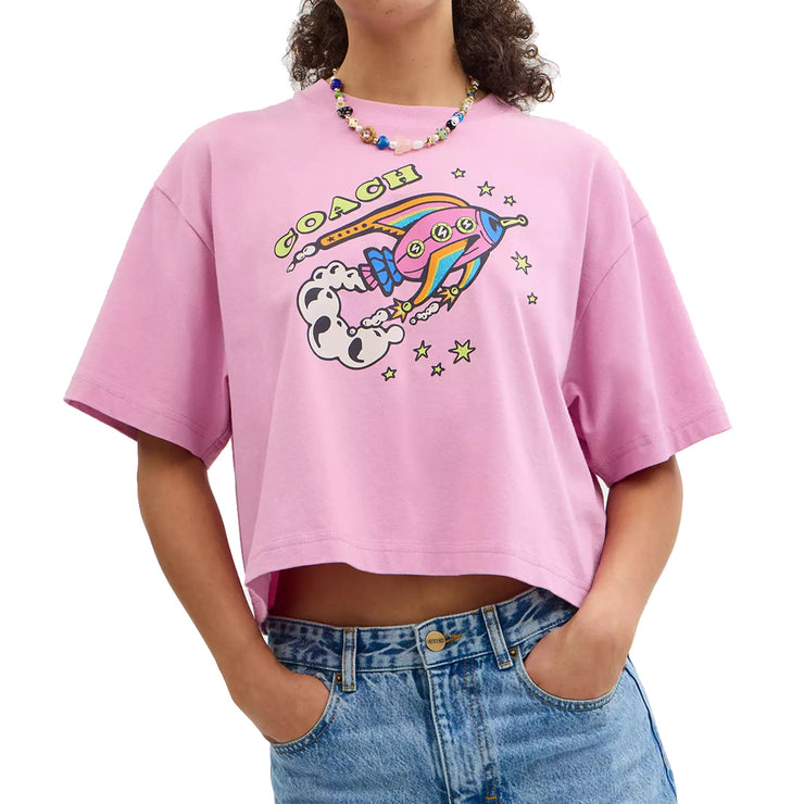 Buy Coach Cosmic Coach Rocket Print Cropped T Shirt In Organic Cotton in Hot Pink CX185 Online in Singapore | PinkOrchard.com