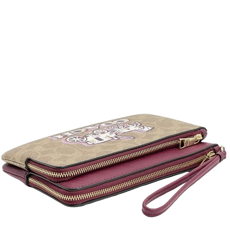 Buy Coach Double Zip Wallet In Signature Canvas With Horse And Carriage Print in Tan/ Black Cherry CX590 Online in Singapore | PinkOrchard.com