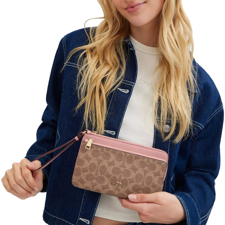 Buy Coach Double Zip Wallet In Signature Canvas in Tan/ Pink Petal CX161 Online in Singapore | PinkOrchard.com