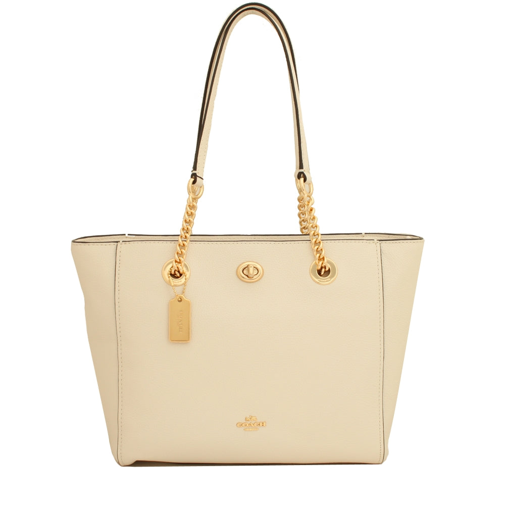 Coach 57107 Turnlock Chain Tote 27 Bag in Polished Pebble Leather Chalk