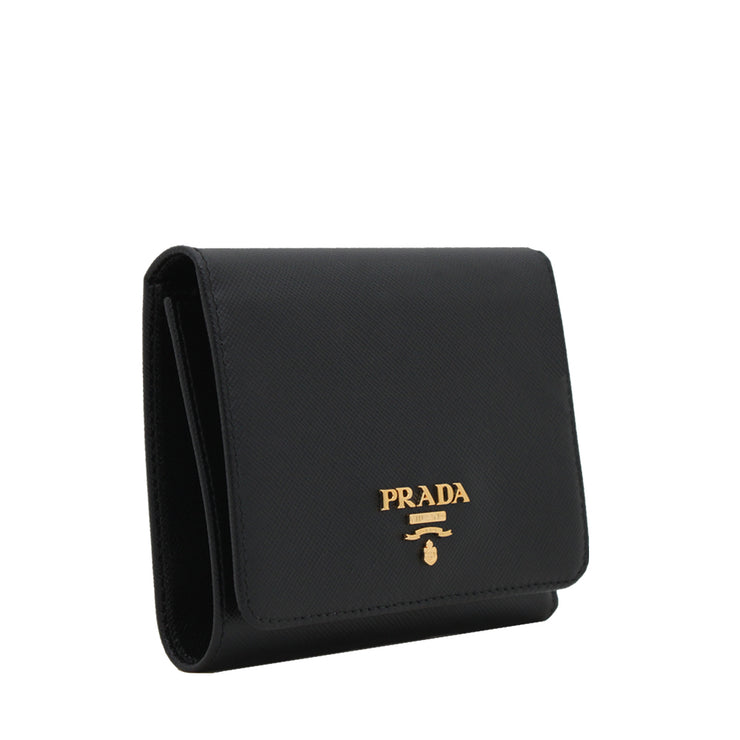 Prada 1MH176 Saffiano Leather Short Trifold Clasp Wallet- Black