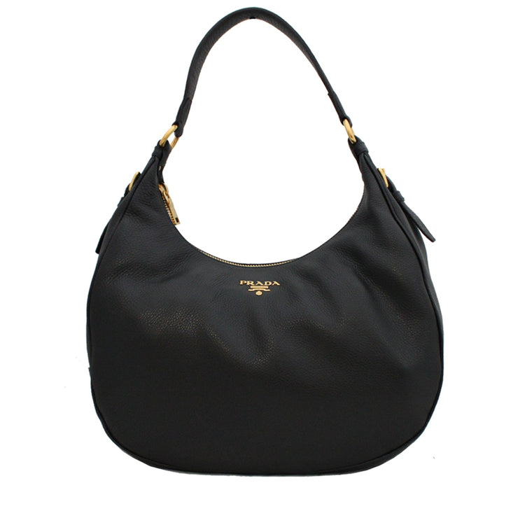 Prada 1BC311 Vitello Daino Leather Hobo Bag- Black