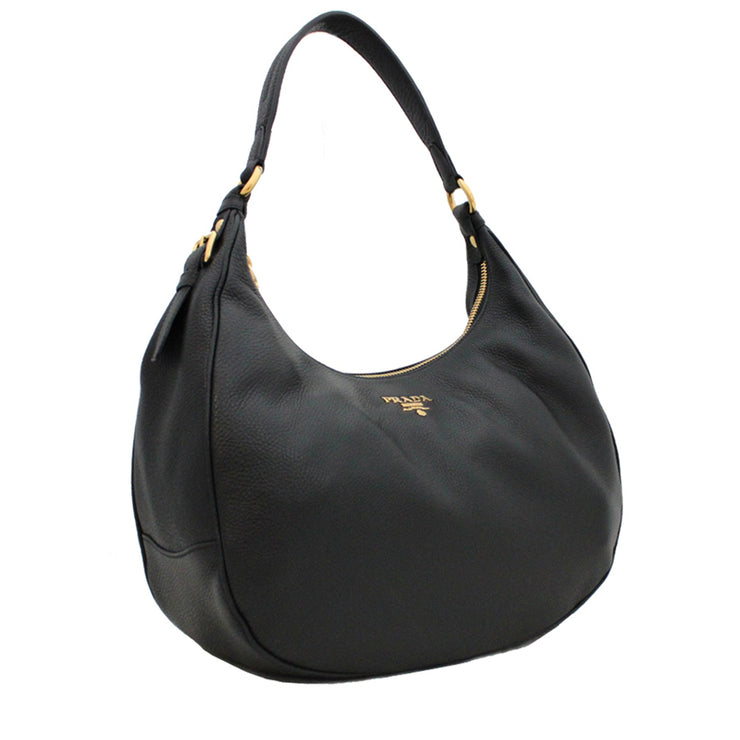 Prada 1BC311 Vitello Daino Leather Hobo Bag- Black