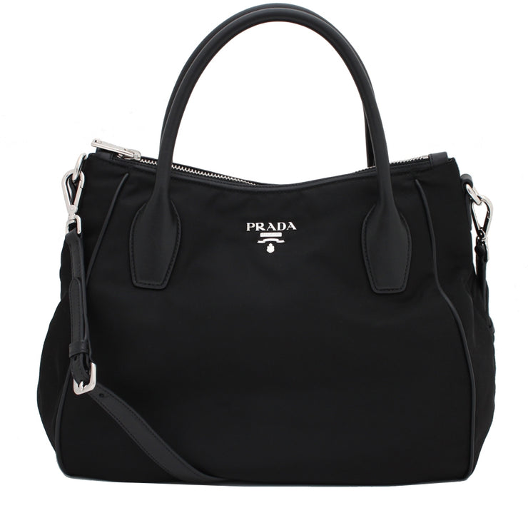 Prada 1BC992 Tessuto Nylon & Soft Calf Leather Trim Convertible Bag- Black (Silver Hardware)