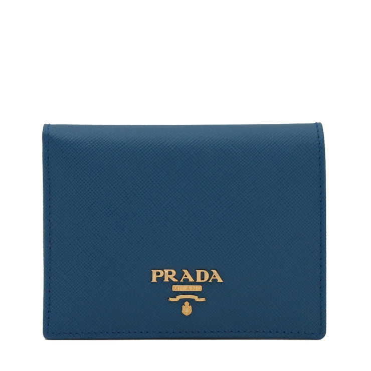 Prada 1MV204 Saffiano Leather Short Bi-fold Clasp Slim Wallet- Cobalt