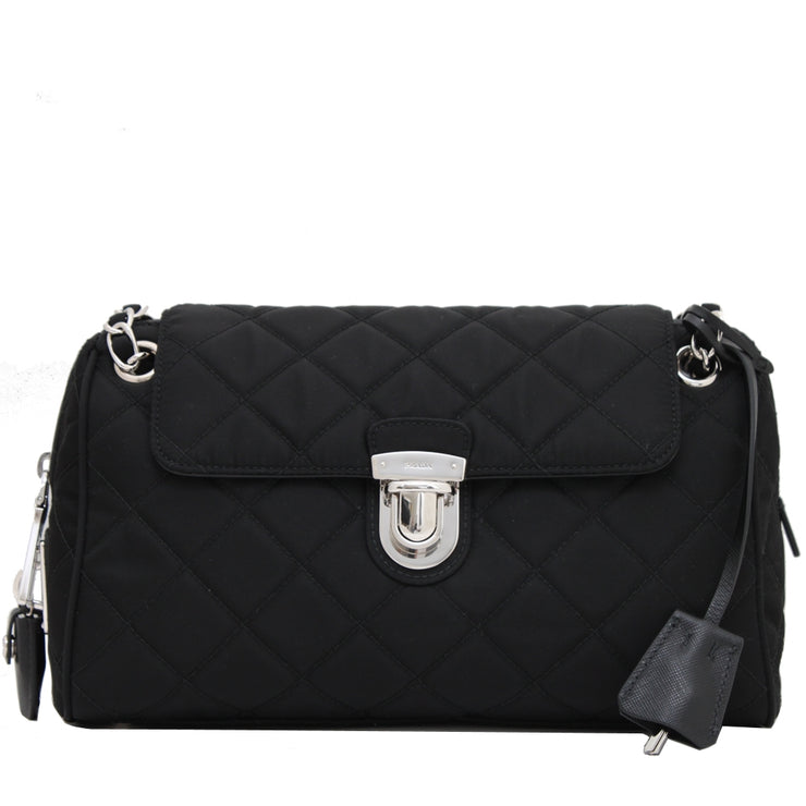 Prada BR4965 Quilted Tessuto Impuntu Nylon Convertible Chain Bag- Black