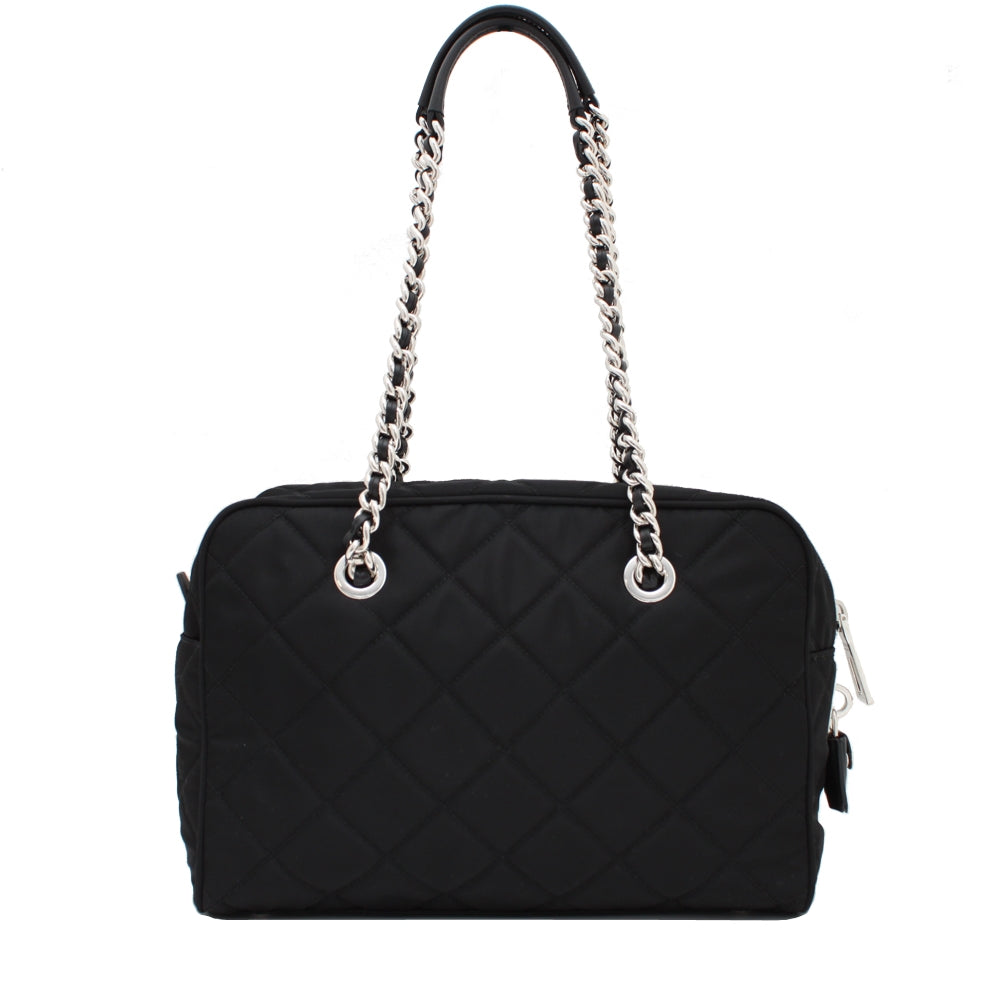 Prada 1BB903 Quilted Tessuto Nylon Shoulder Bag with Chain Accents PinkOrchard