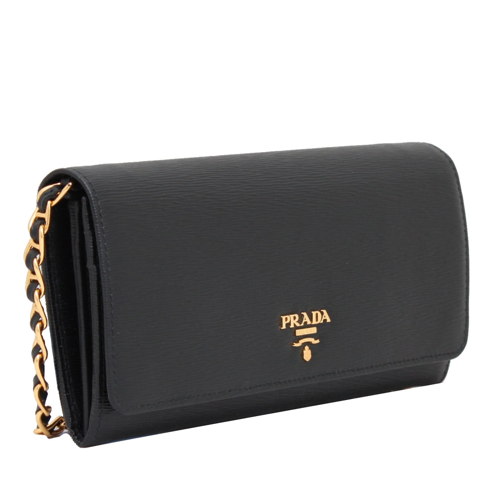 Prada 1MT290 Vitello Move Leather Long Fold Wallet on Chain PinkOrchard