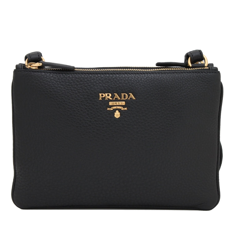 Prada 1BH046 Vitello Phenix Leather Crossbody Bag- Black