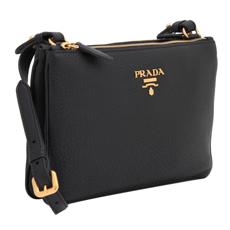 Prada 1BH046 Vitello Phenix Leather Crossbody Bag- Black