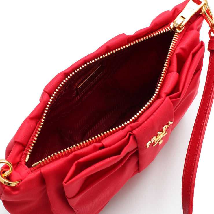 Prada 1NE868 Tessuto Nylon Bow Clutch- Shoulder Bag- Rosso