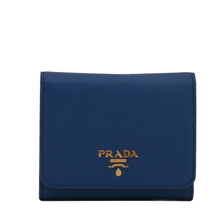 Prada 1MH176 Saffiano Leather Short Trifold Clasp Wallet- Azzurro