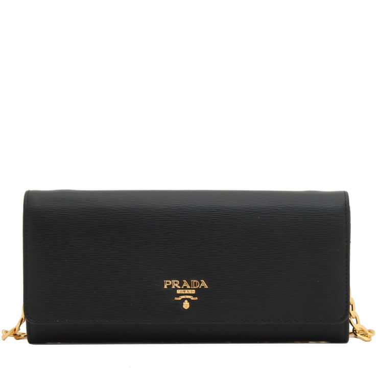 Prada 1MT290 Vitello Move Leather Long Fold Wallet on Chain Bag- Black