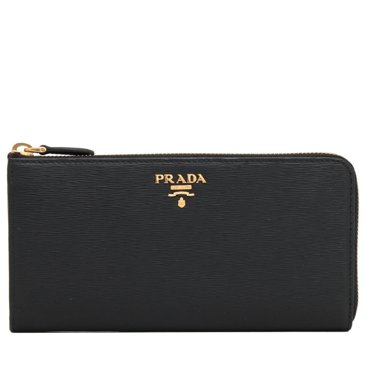 Prada 1ML183 Vitello Move Leather Long L-Shaped Zip Around Wallet- Black