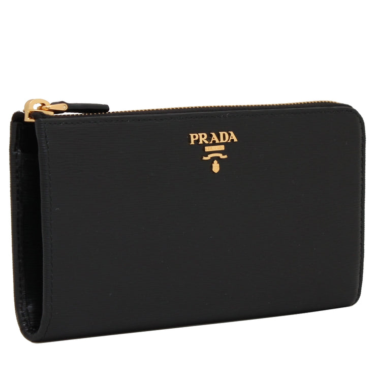 Prada 1ML183 Vitello Move Leather Long L-Shaped Zip Around Wallet- Black