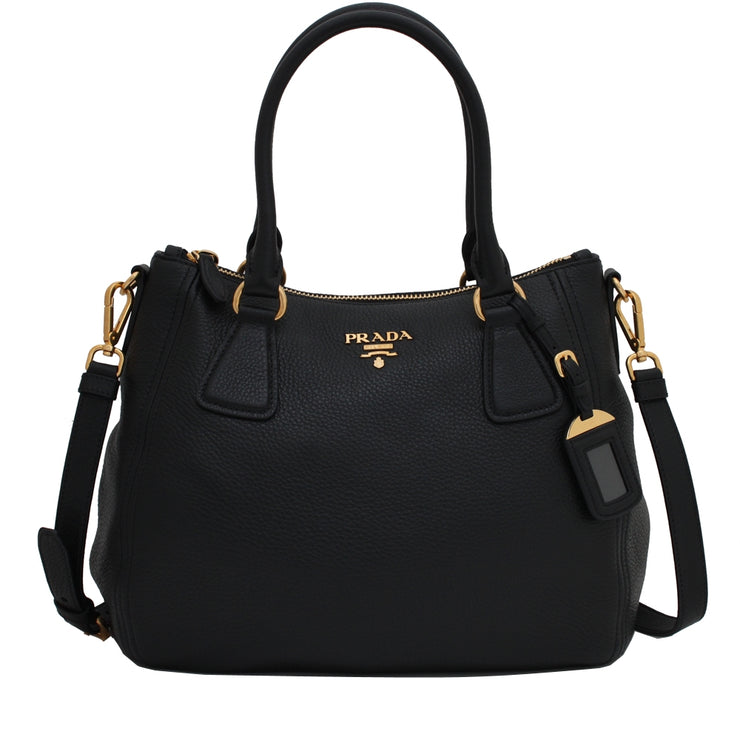 Prada 1BC032 Vitello Phenix Leather Convertible Bag- Black