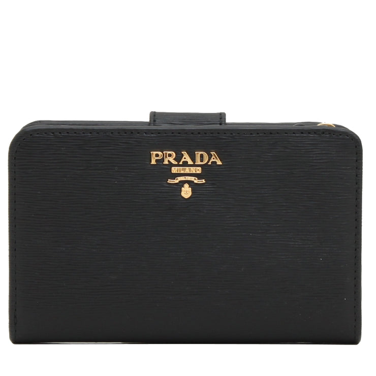 Prada 1ML225 Vitello Move Leather French Wallet with Coin Zip Pocket- Black