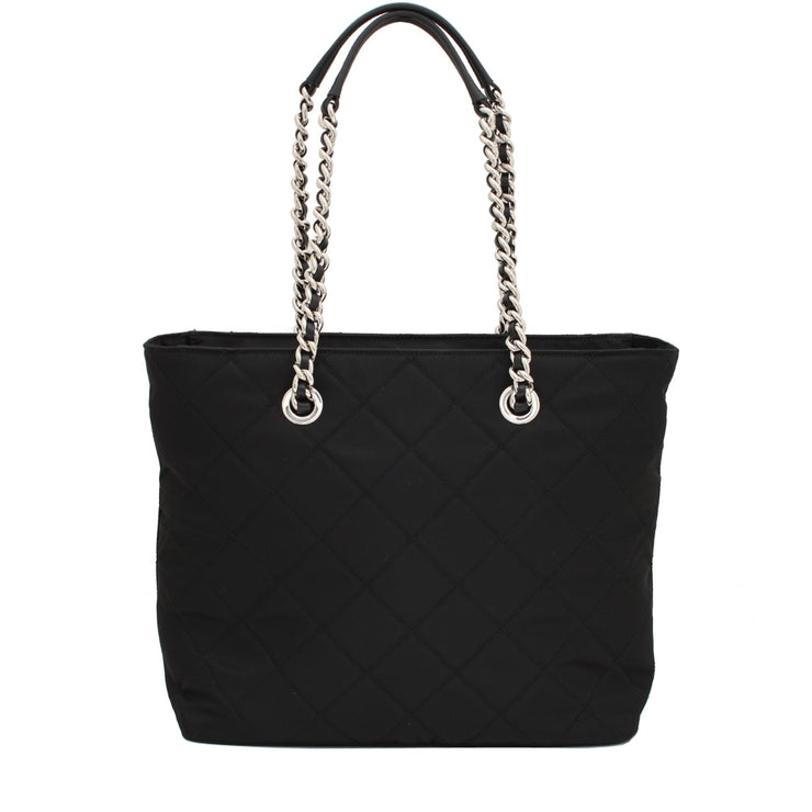 Prada 1BG017 Quilted Tessuto Nylon Tote Bag with Chain Accents- Black