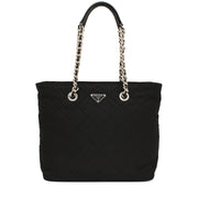 Prada 1BG017 Quilted Tessuto Nylon Tote Bag with Chain Accents- Black