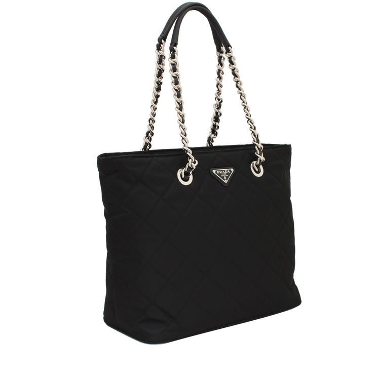 Prada 1BG017 Quilted Tessuto Nylon Tote Bag with Chain Accents- Black