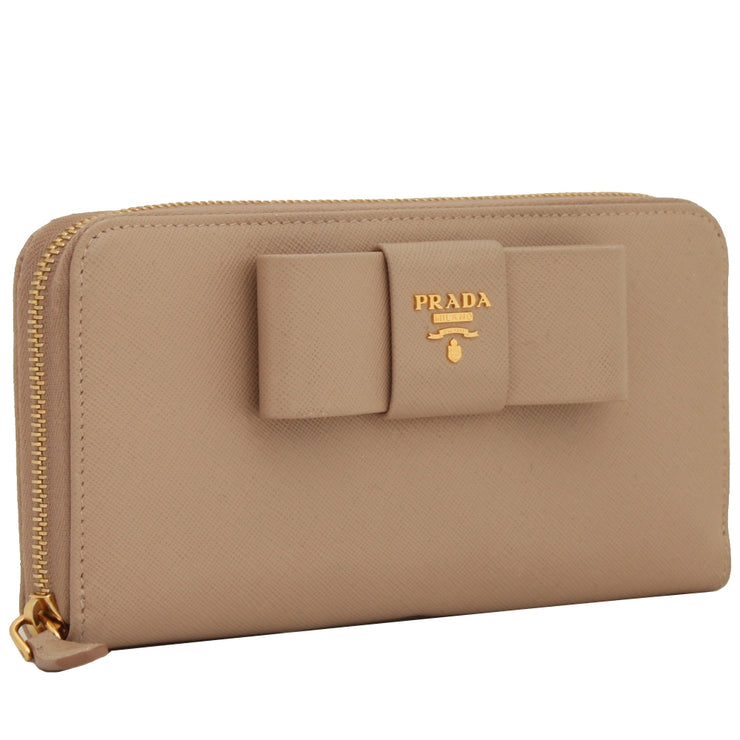 Prada 1M0506 Saffiano Leather Bow Zip Around Long Wallet - Cammeo