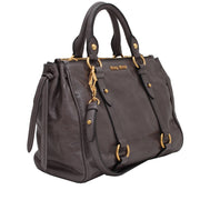 Miu Miu RN0893 Vitello Shine Leather Convertible Shopping Tote Bag- Fumo