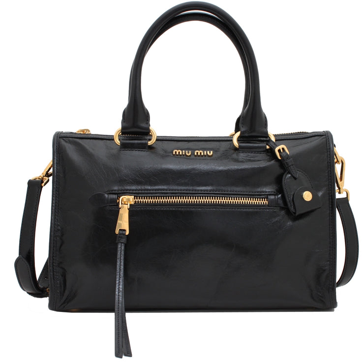 Miu Miu 5BB101 Vitello Shine Convertible Tote Bag- Black