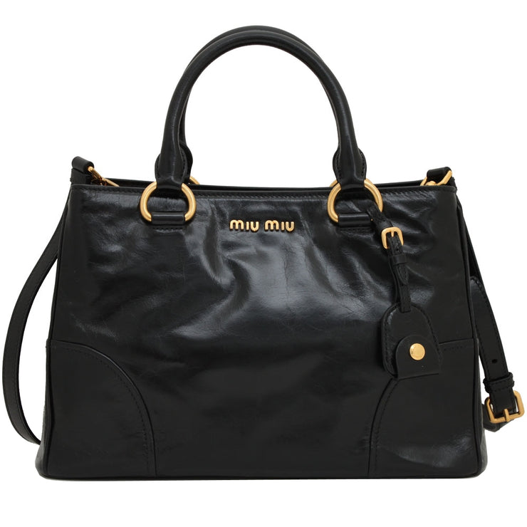 Miu Miu RN1128 Vitello Shine Convertible Tote Bag- Black