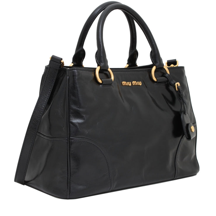 Miu Miu RN1128 Vitello Shine Convertible Tote Bag- Black