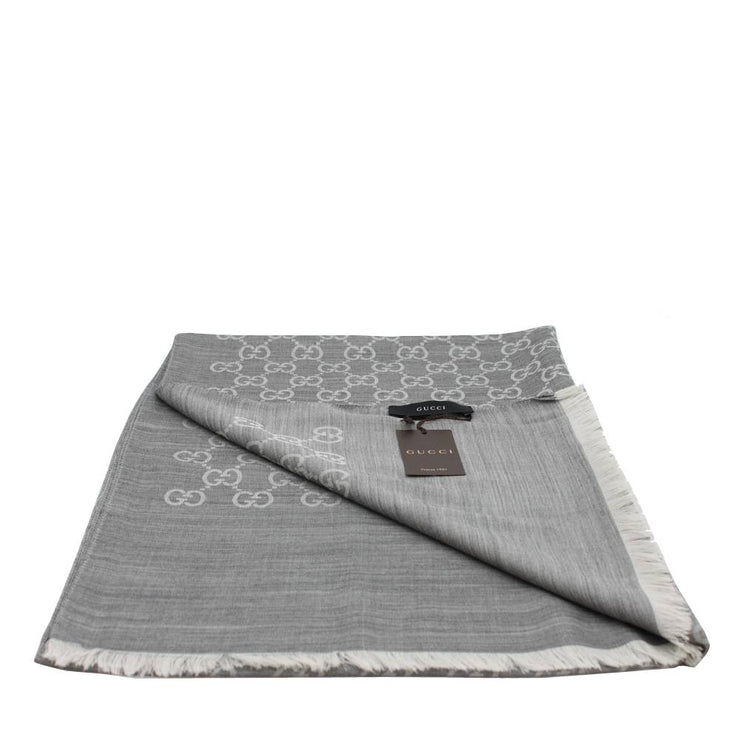 Gucci GG Pattern Silk & Wool Wide Shawl Scarf- Silver