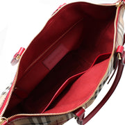 Burberry Small Leather Trim Haymarket Check Salisbury Tote Bag- Military Red