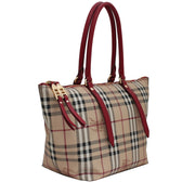 Burberry Small Leather Trim Haymarket Check Salisbury Tote Bag- Military Red