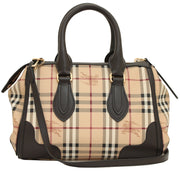 Burberry Small Leather Trim Haymarket Check Gladstone Tote Bag- Chocolate