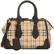 Burberry Small Leather Trim Haymarket Check Gladstone Tote Bag- Chocolate