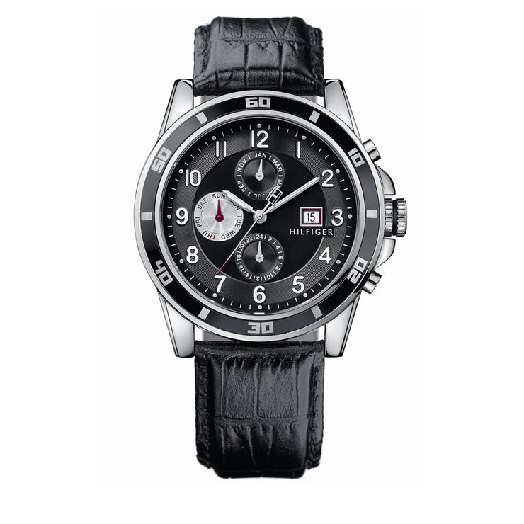 Tommy Hilfiger Watch 1790740 Black Leather with Black-Rimmed Bezel Men Watch