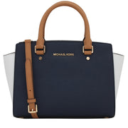 Michael Kors Selma Saffiano Leather Colour Block Medium Satchel Bag- Navy- White- Peanut