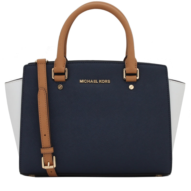 Michael Kors Selma Saffiano Leather Colour Block Medium Satchel Bag- Navy- White- Peanut