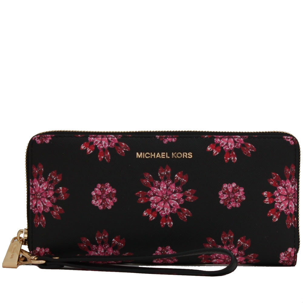 Michael Kors Jet Set Travel Leather Continental Wallet Wristlet Black Ultra Pink