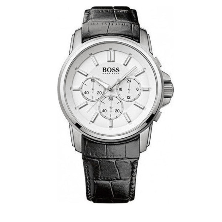 Hugo Boss Watch 1513033- Black Leather with Round White Dial Chronograph Men Watch