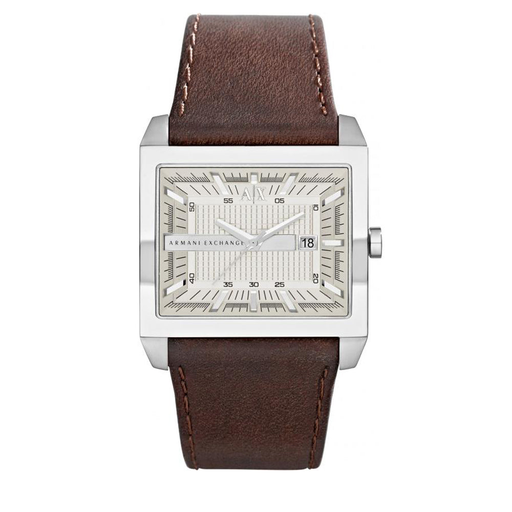 Armani Exchange Watch AX2204 Brown Leather Square Silver Dial Men