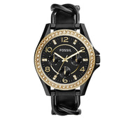 Fossil Watch ES3696- Riley Multifunction Black Stainless Steel & Leather Ladies Watch