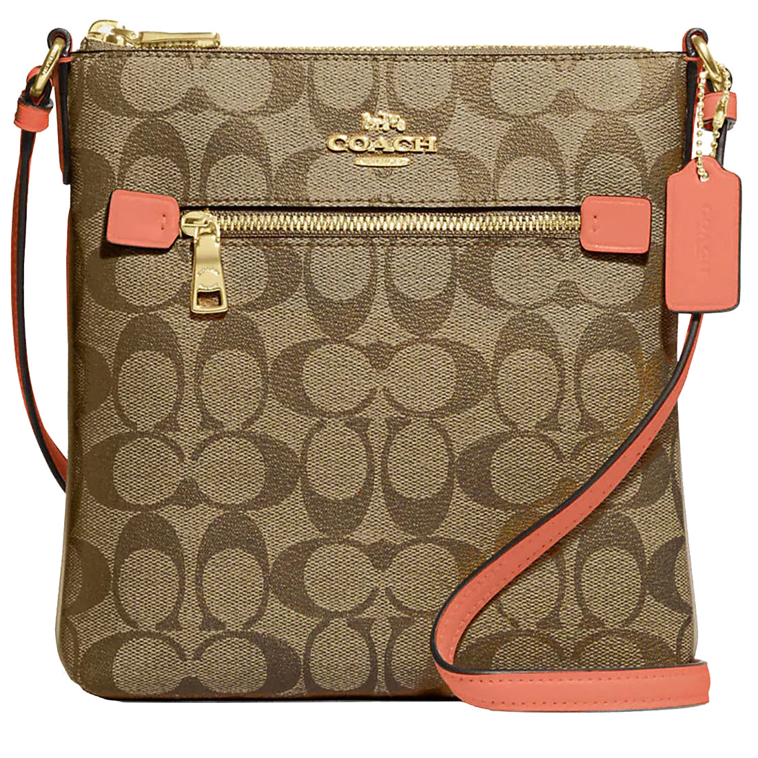 Coach Mini Rowan File Bag In Signature Canvas in Khaki/ Light Coral CF ...