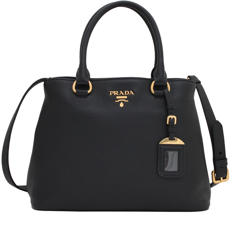 Prada 1BA058 Vitello Phenix Leather Convertible Bag- Black